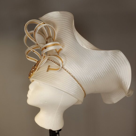 Ben Marc International Hat. White with Gold Trim and Rhinestones. One Size. main image 4